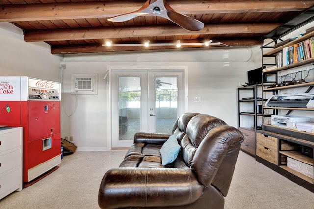 living area featuring wood ceiling, french doors, a ceiling fan, beam ceiling, and a wall unit AC