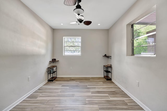 misc room featuring ceiling fan, baseboards, recessed lighting, and light wood finished floors