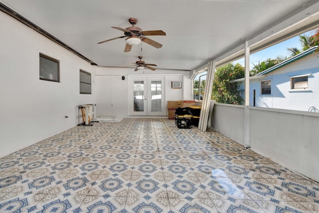 view of patio / terrace featuring french doors, a ceiling fan, and fence