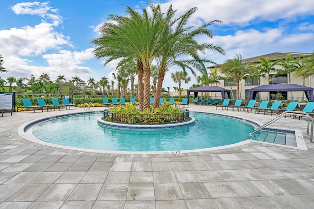 view of pool with a patio and a gazebo