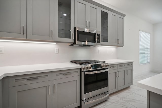 kitchen with gray cabinetry and appliances with stainless steel finishes