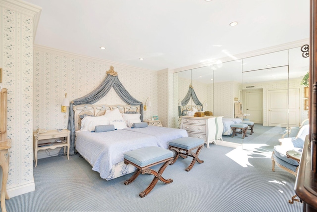 bedroom featuring carpet flooring and ornamental molding