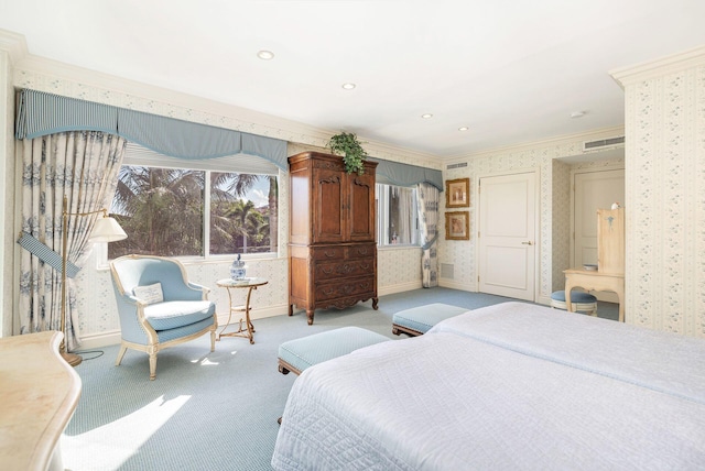 carpeted bedroom with ornamental molding