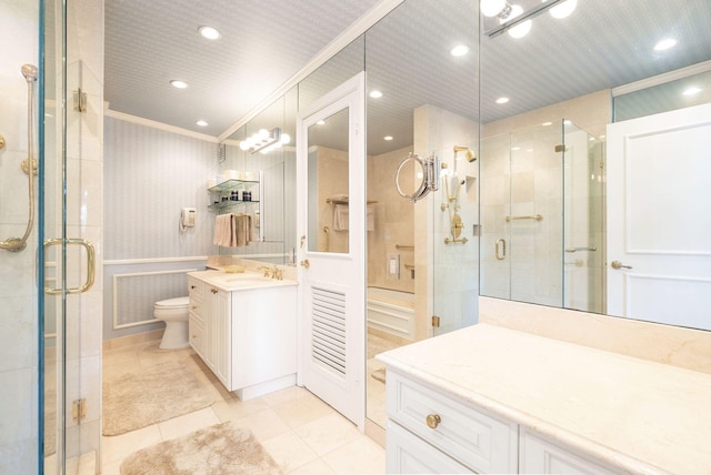 bathroom with walk in shower, tile patterned flooring, vanity, and crown molding