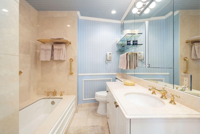 bathroom with tile patterned flooring, a textured ceiling, vanity, crown molding, and toilet