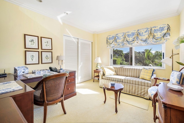 office area featuring light colored carpet and crown molding