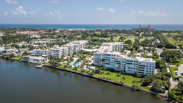 drone / aerial view with a water view