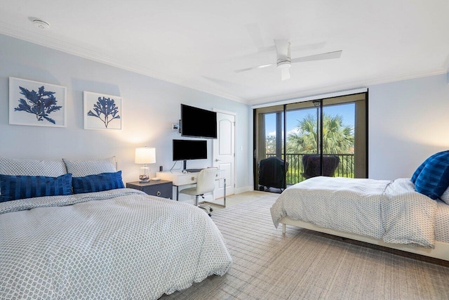 bedroom with access to outside, light carpet, ceiling fan, and crown molding