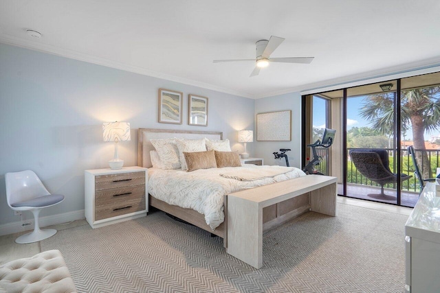 bedroom featuring ornamental molding, access to outside, light carpet, and ceiling fan