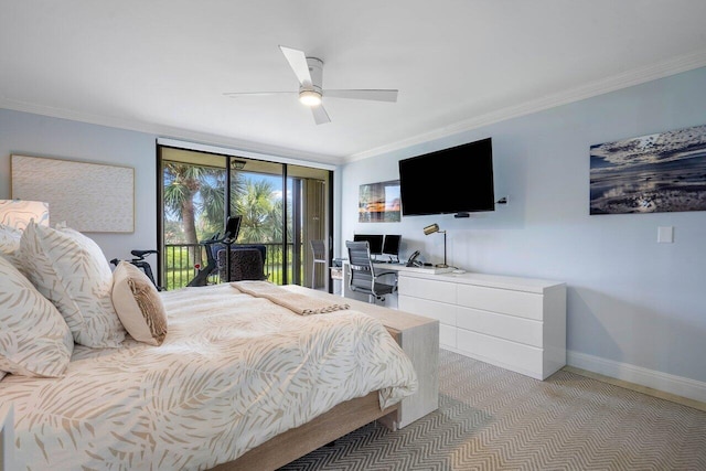 bedroom featuring access to outside, built in desk, ornamental molding, light carpet, and ceiling fan