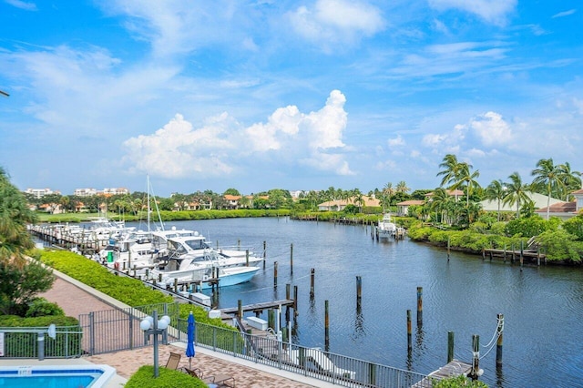 view of dock with a water view