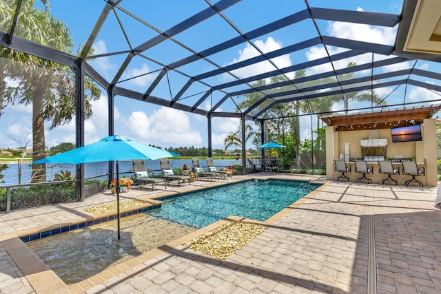 view of swimming pool with a patio and glass enclosure