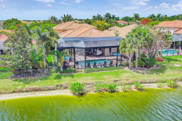 drone / aerial view with a water view