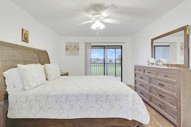 bedroom with ceiling fan, light wood-style floors, and access to exterior