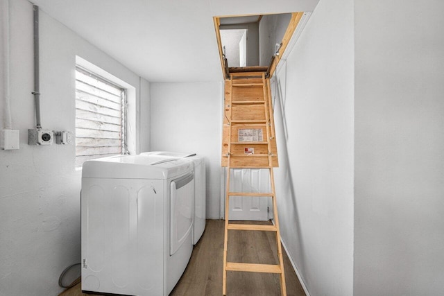 laundry room featuring dark wood-type flooring and washing machine and clothes dryer