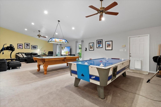 game room with light colored carpet, ceiling fan, lofted ceiling, and pool table