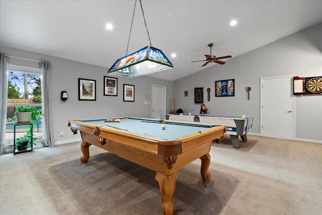 playroom featuring light colored carpet, vaulted ceiling, ceiling fan, and pool table