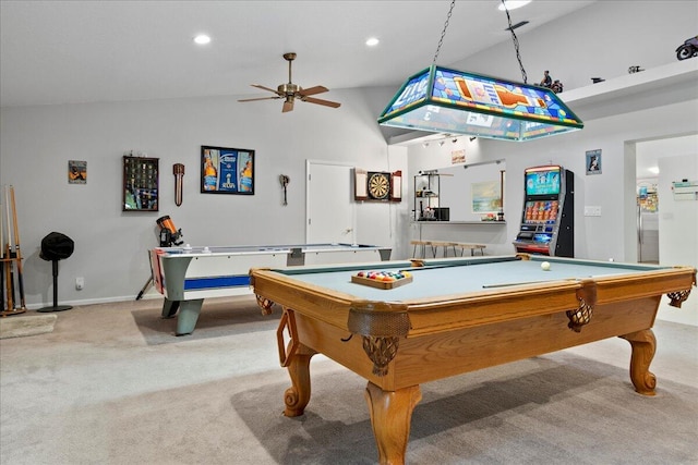 game room with ceiling fan, high vaulted ceiling, light colored carpet, and billiards