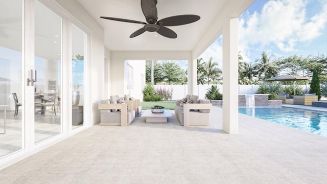 sunroom with ceiling fan and a pool