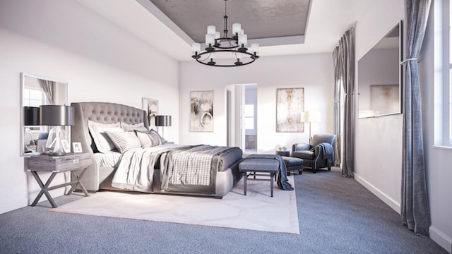 bedroom with a chandelier, a raised ceiling, and carpet floors