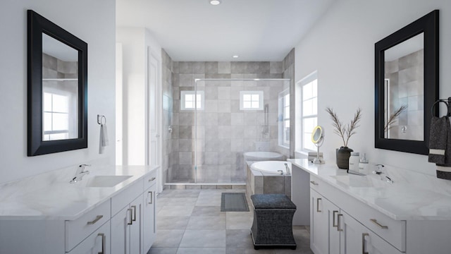 bathroom with shower with separate bathtub, vanity, and tile patterned floors