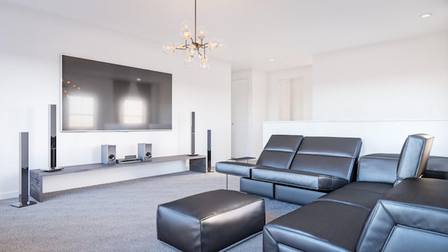 living room with carpet floors and an inviting chandelier