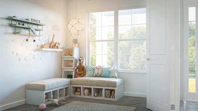 mudroom featuring plenty of natural light and dark colored carpet