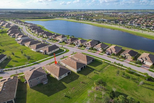 drone / aerial view featuring a water view