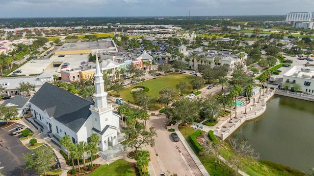 drone / aerial view with a water view