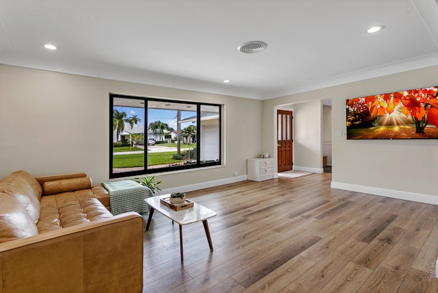 living room featuring light hardwood / wood-style floors and crown molding