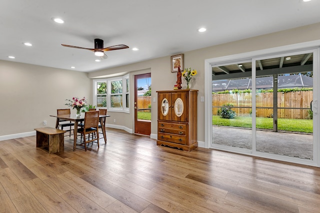 dining space featuring ceiling fan and light hardwood / wood-style flooring