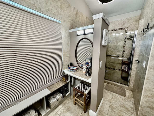 interior space with lofted ceiling and tile patterned flooring