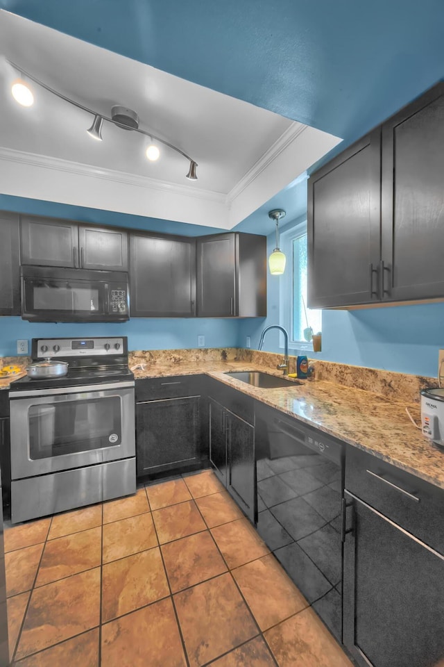 kitchen with black appliances, light tile patterned flooring, ornamental molding, hanging light fixtures, and sink