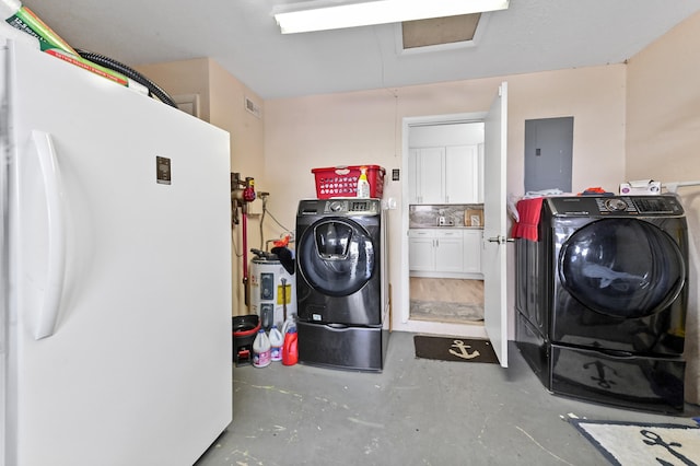 laundry room featuring electric panel and separate washer and dryer