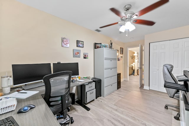 office space with light hardwood / wood-style flooring and ceiling fan