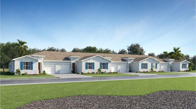 ranch-style house featuring a garage and a front yard