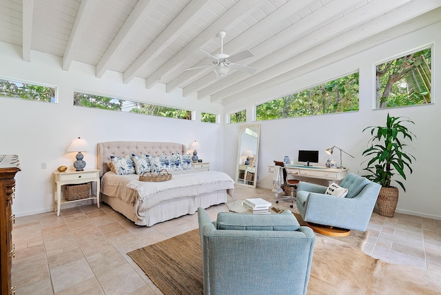 tiled bedroom with vaulted ceiling with beams, ceiling fan, and wooden ceiling