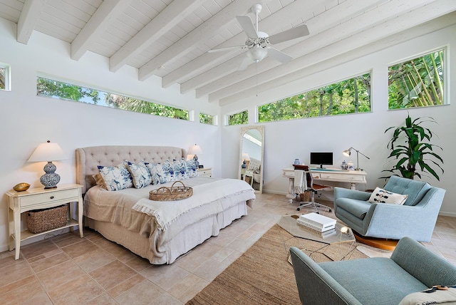 bedroom featuring vaulted ceiling with beams, ceiling fan, light tile patterned flooring, and wooden ceiling