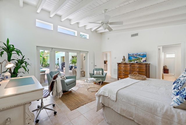 bedroom with beamed ceiling, french doors, access to outside, and ceiling fan