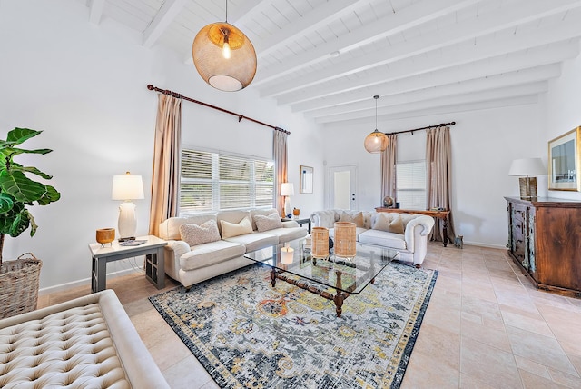 tiled living room featuring beamed ceiling and wood ceiling