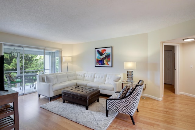 living room with light hardwood / wood-style flooring and a textured ceiling