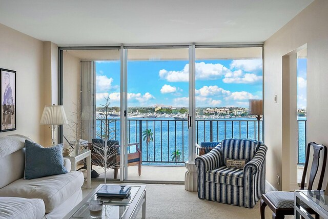 carpeted living room featuring a wall of windows