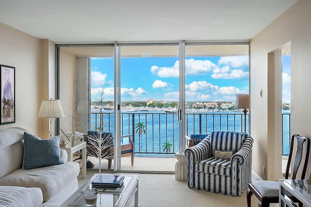 living area with a wall of windows, a healthy amount of sunlight, a water view, and carpet flooring