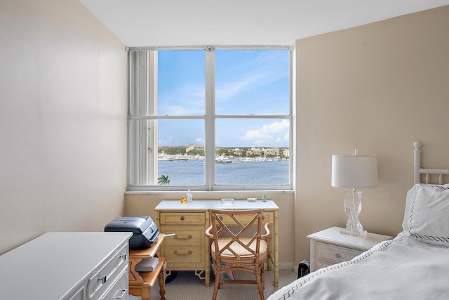 carpeted bedroom with a water view