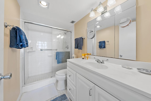 full bath with toilet, vanity, visible vents, a shower stall, and tile patterned floors