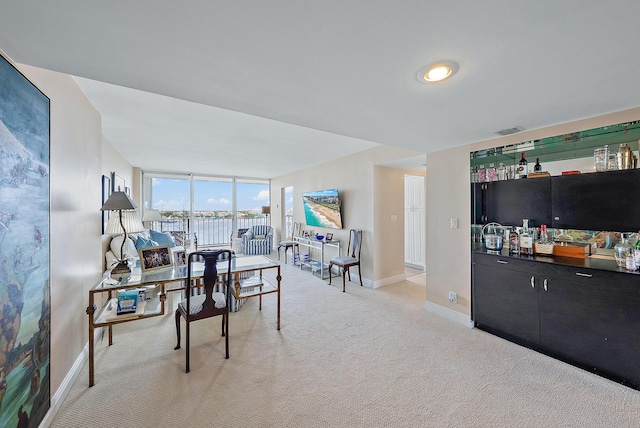 dining room featuring expansive windows and light carpet