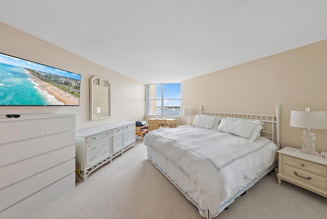 bedroom featuring light carpet