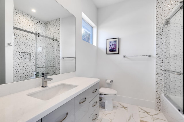 full bathroom with toilet, vanity, and enclosed tub / shower combo