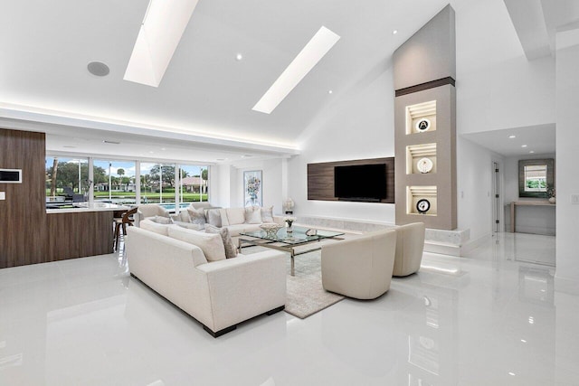 living room featuring high vaulted ceiling, light tile patterned floors, and a skylight