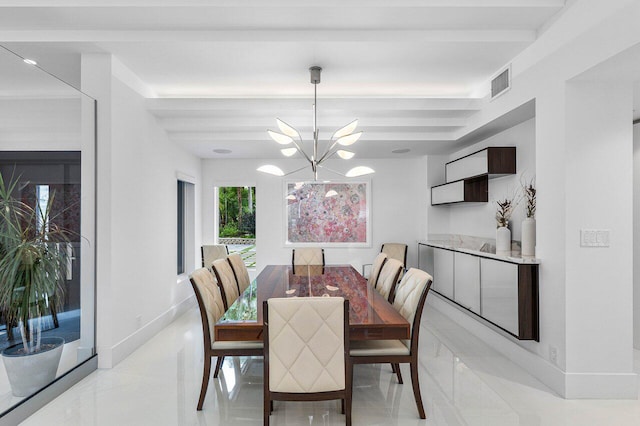 dining space with light tile patterned flooring, beamed ceiling, and a notable chandelier